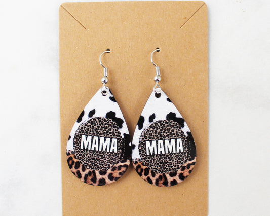 Mama Cow Print/Cheetah Tear Drop Earrings