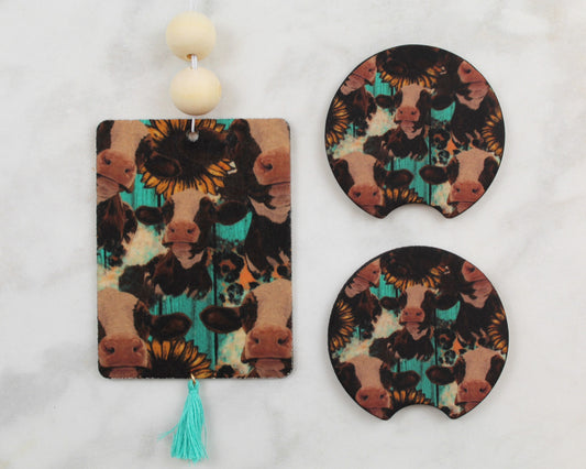 Cows with Teal and Sunflowers Air Freshener Car Coaster Gift Set