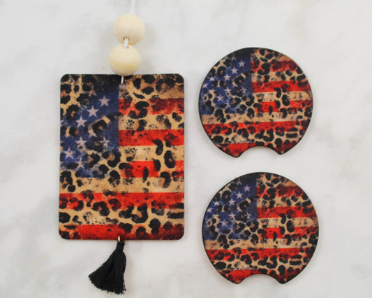 American Flag and Cheetah Air Freshener Car Coaster Gift Set