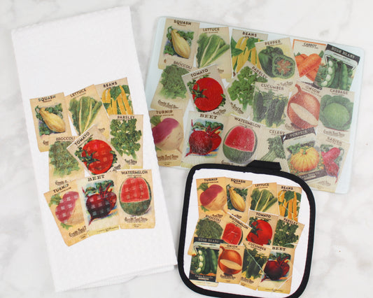 Vegetable Seed Packets Cutting Board/Towel/Pot Holder Set