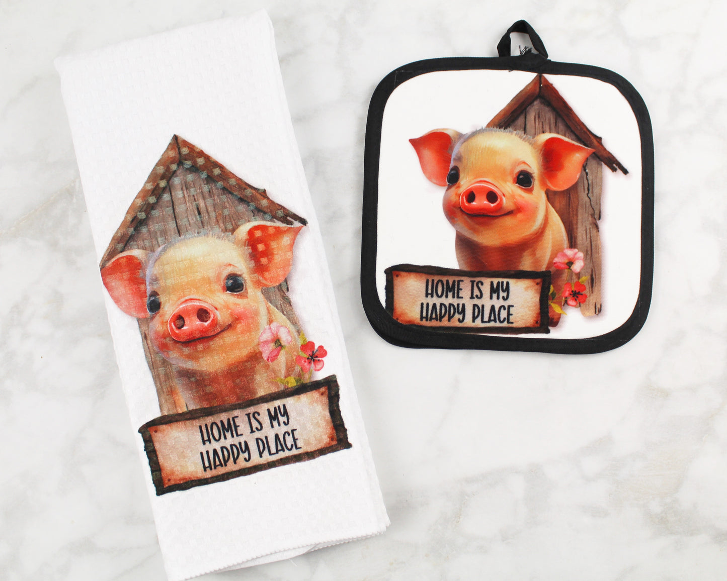 Home Is My Happy Place Pig Towel/Pot Holder Set