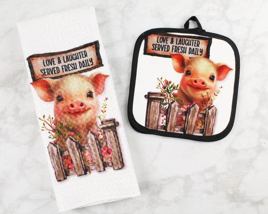 Love and Laughter Served Fresh Daily Pig Towel/Pot Holder Set