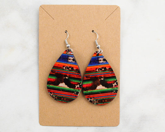 Colorful Stripes with Cow Print Tear Drop Earrings
