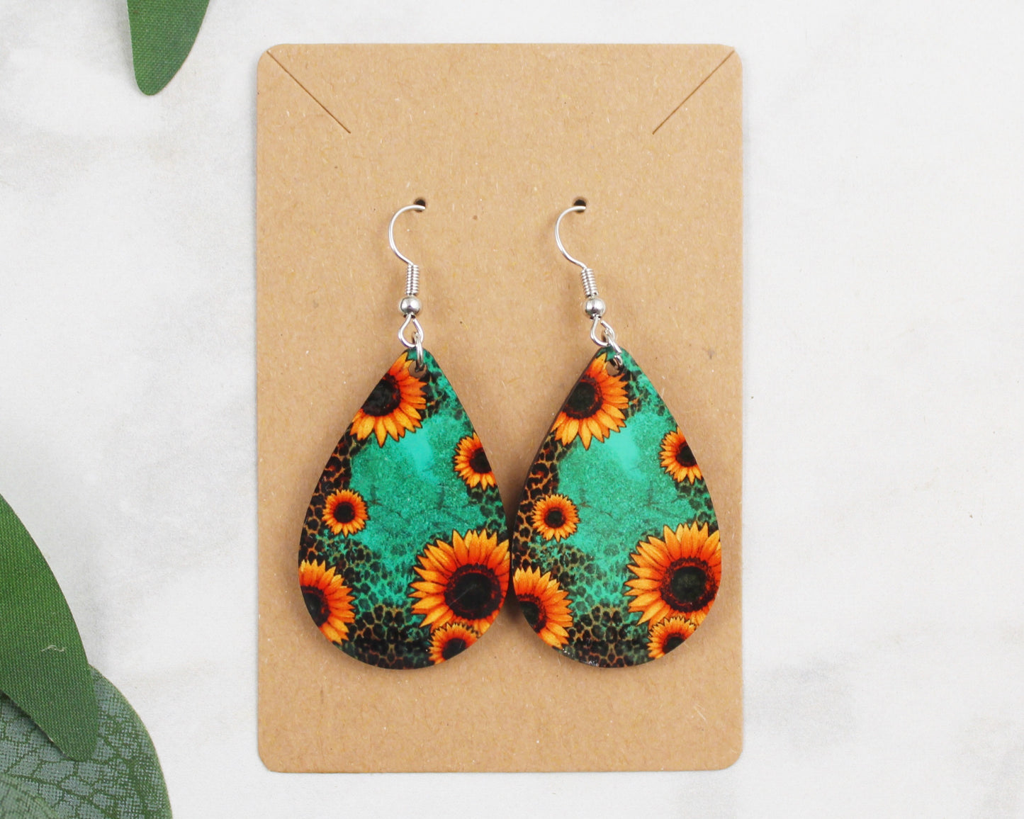 Teal with Sunflowers and Cheetah Tear Drop Earrings