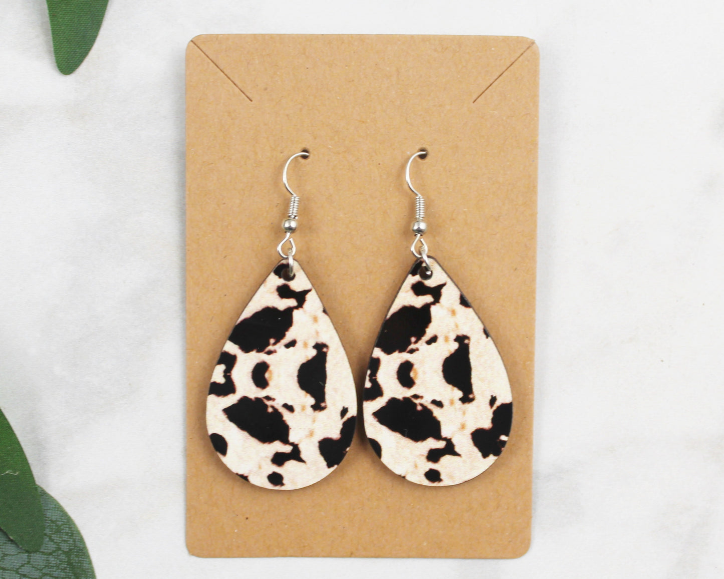 Black and White Cow Print Tear Drop Earrings
