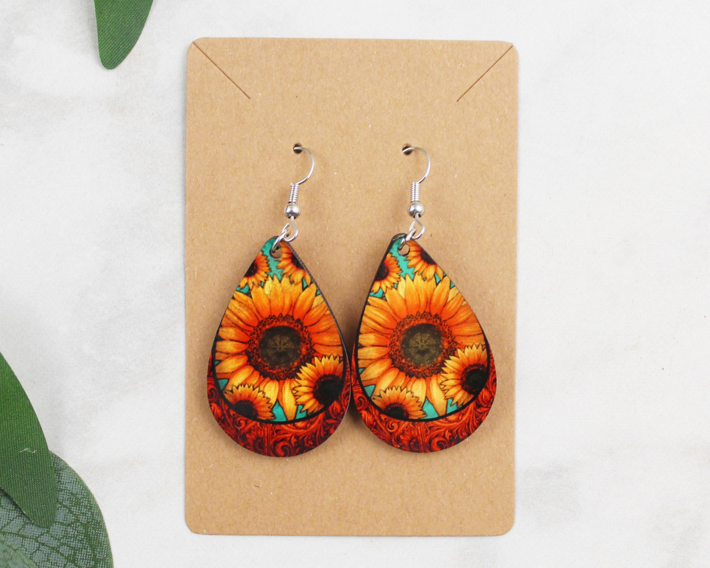 Sunflowers and Teal with Faux Leather Patterned Bottom Tear Drop Earrings
