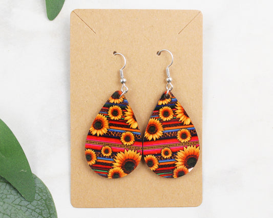 Colorful Stripes with Sunflowers Tear Drop Earrings