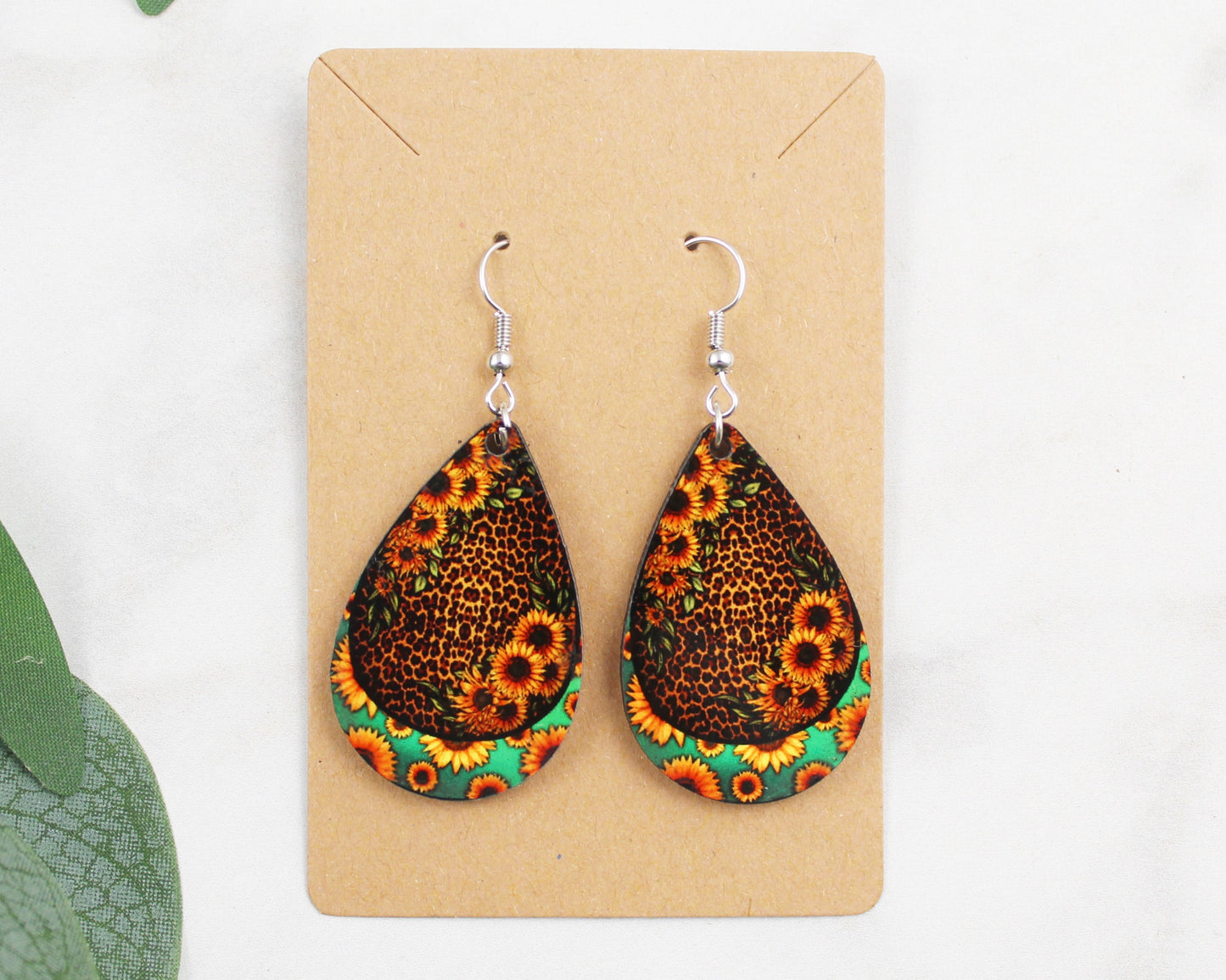 Cheetah and Sunflowers with Sunflowers and Teal Bottom Tear Drop Earrings