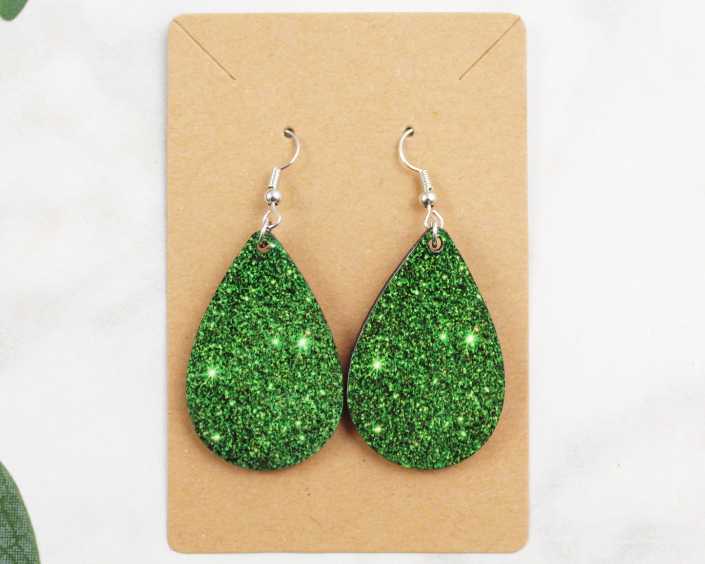 Green Glitter Tear Drop Earrings