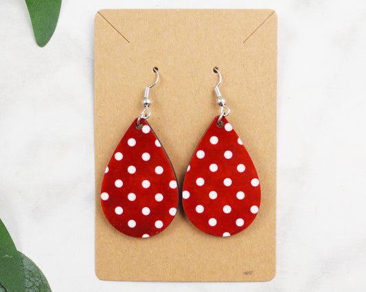 Red with White Polka Dots Tear Drop Earrings