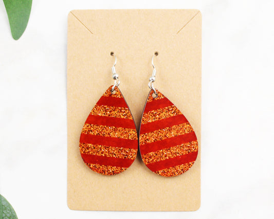 Red and Gold Glitter Stripes Tear Drop Earrings