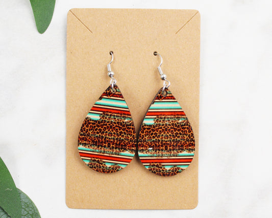 Cheetah with Teal and Red Stripes Tear Drop Earrings