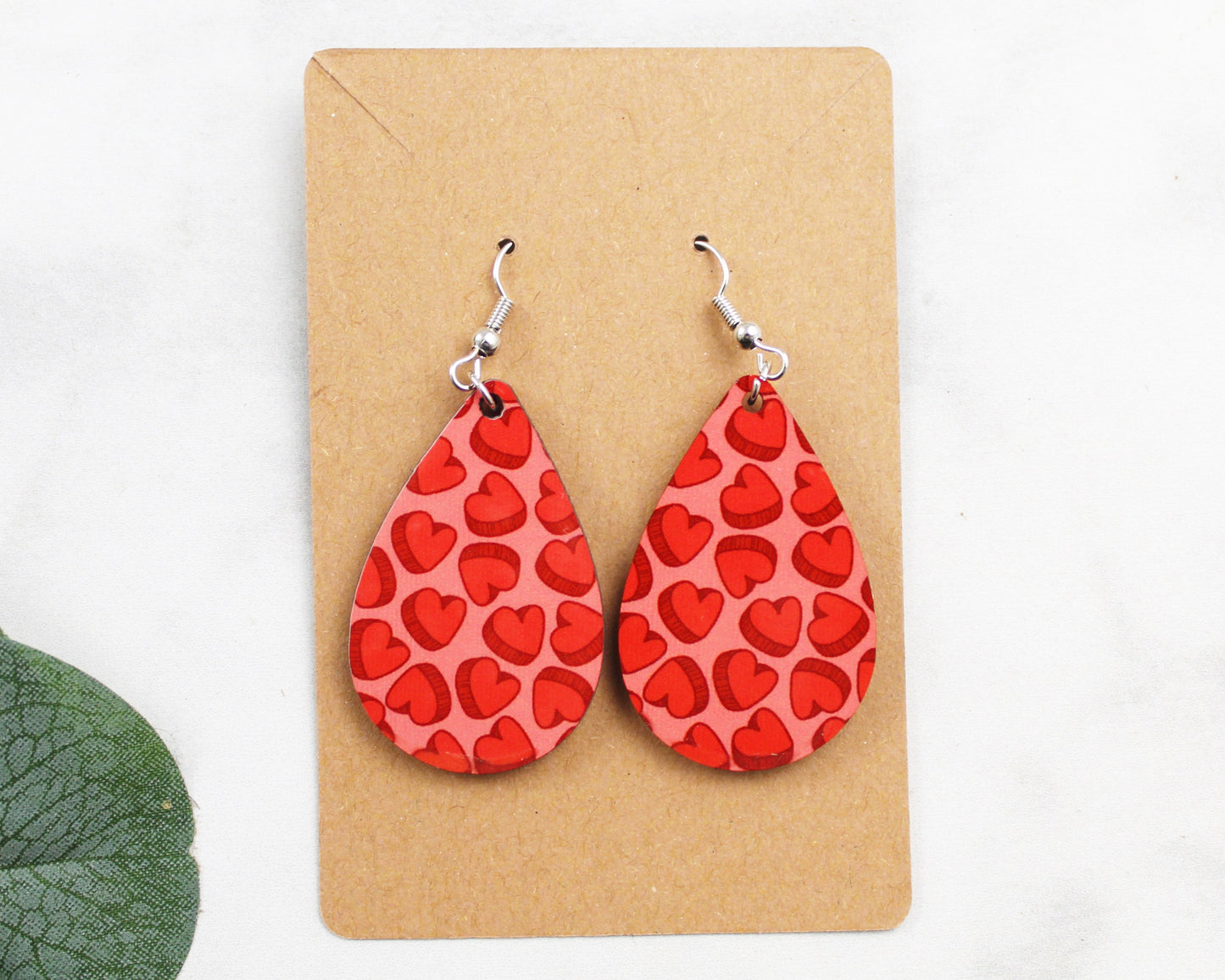 Pink with Red Hearts Tear Drop Earrings