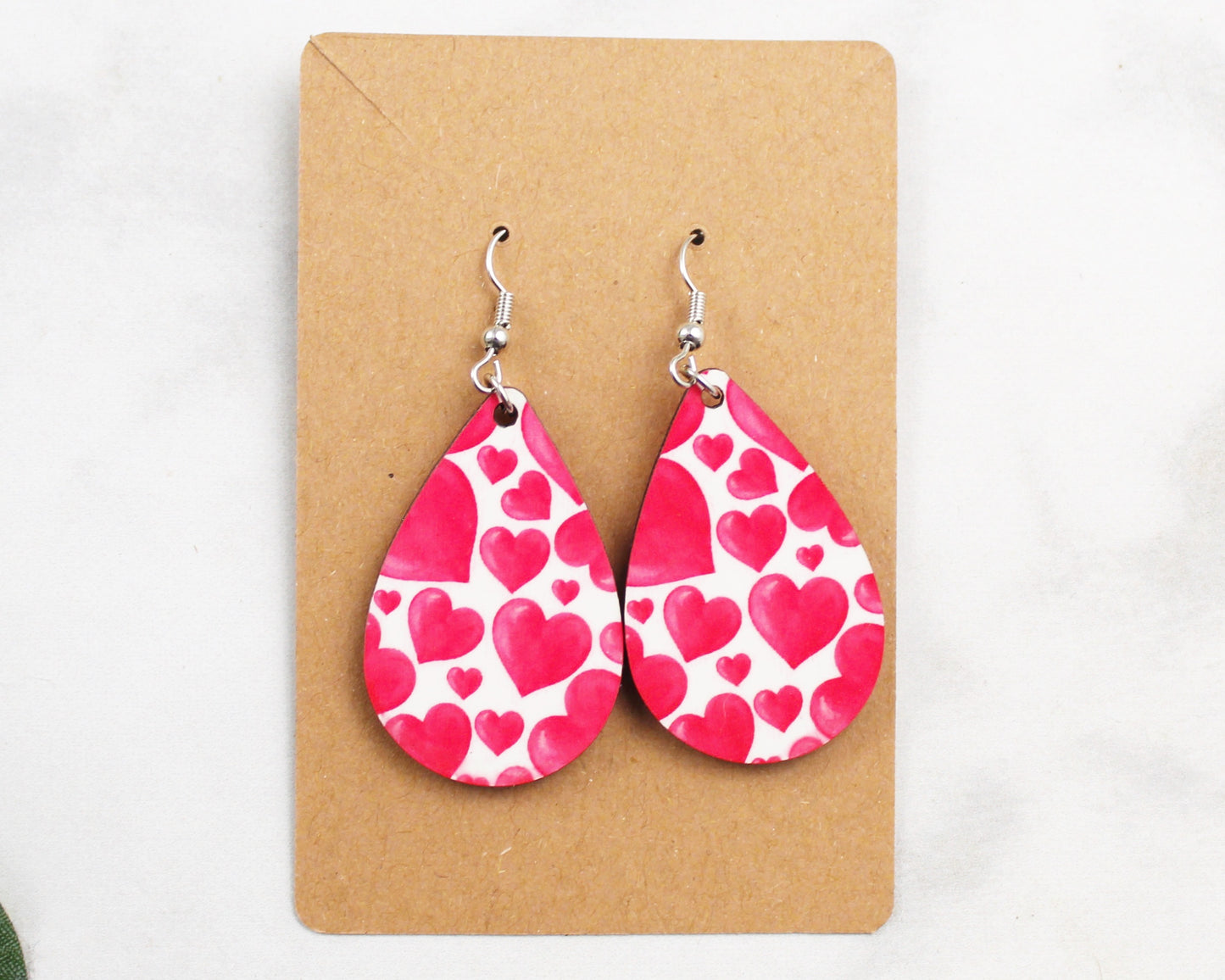White with Pink Hearts Tear Drop Earrings