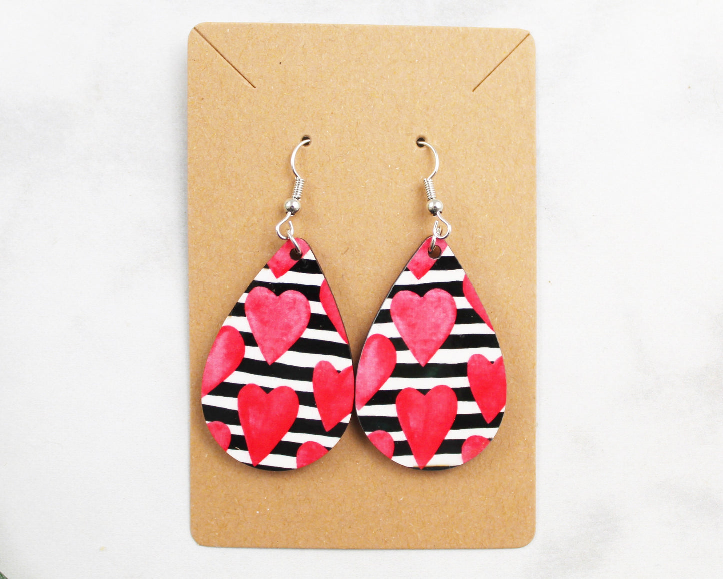 Black and White Stripes with Pink Hearts Tear Drop Earrings