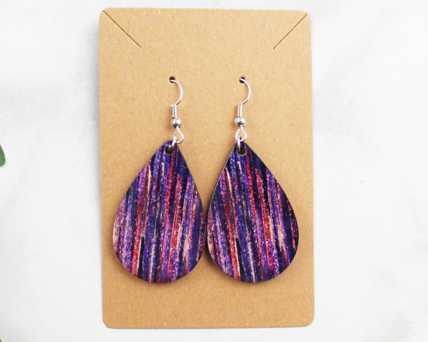 Purple with Colorful Vertical Lines Tear Drop Earrings