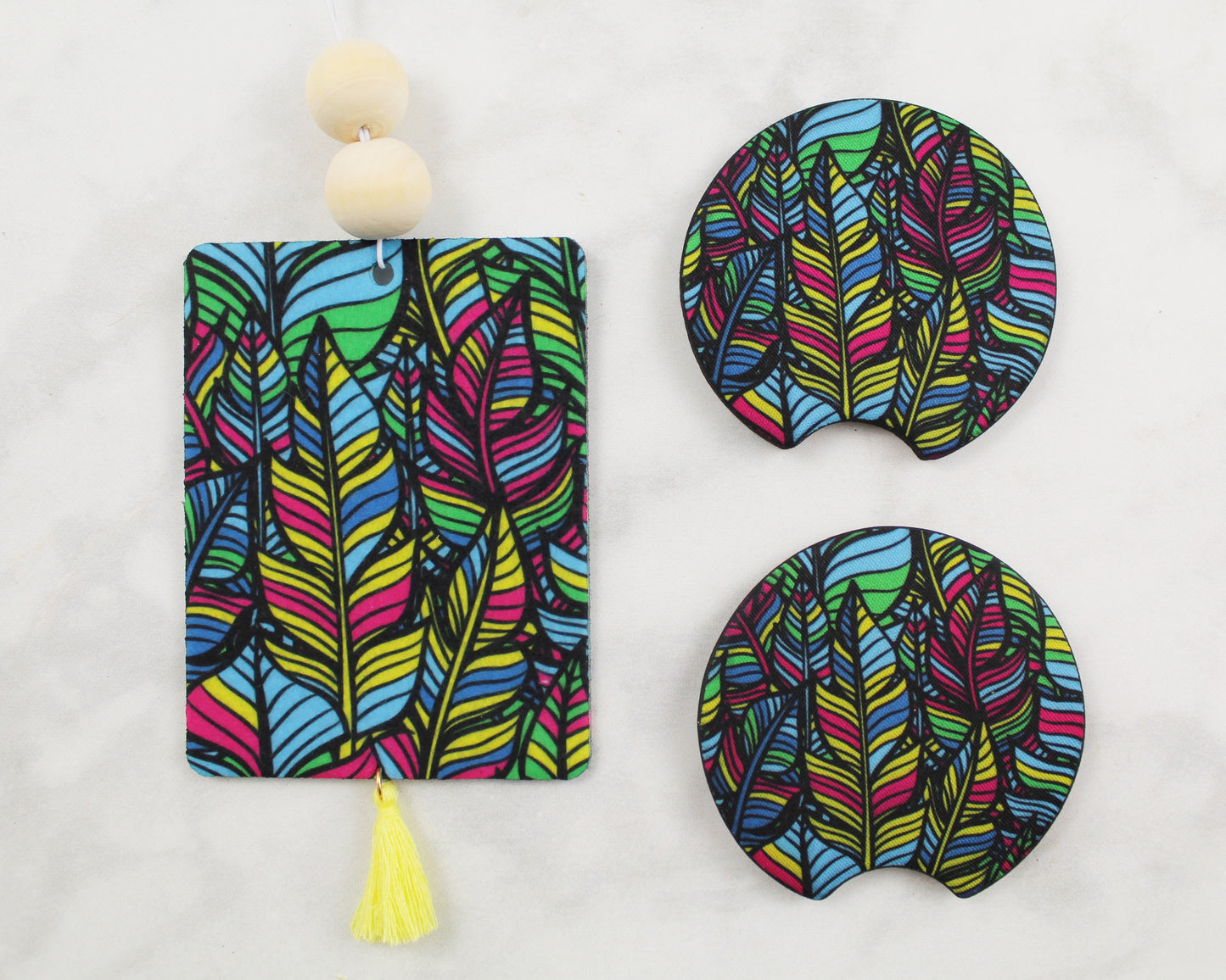 Colorful Feathers Air Freshener Car Coaster Gift Set