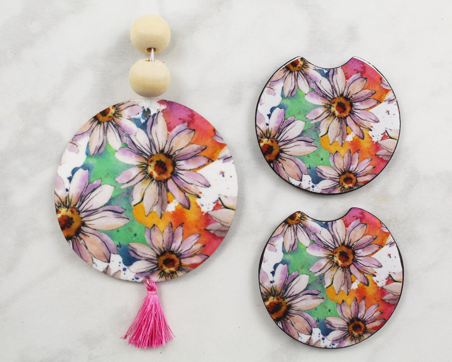 White Daisies with Colorful Background Air Freshener Car Coaster Gift Set