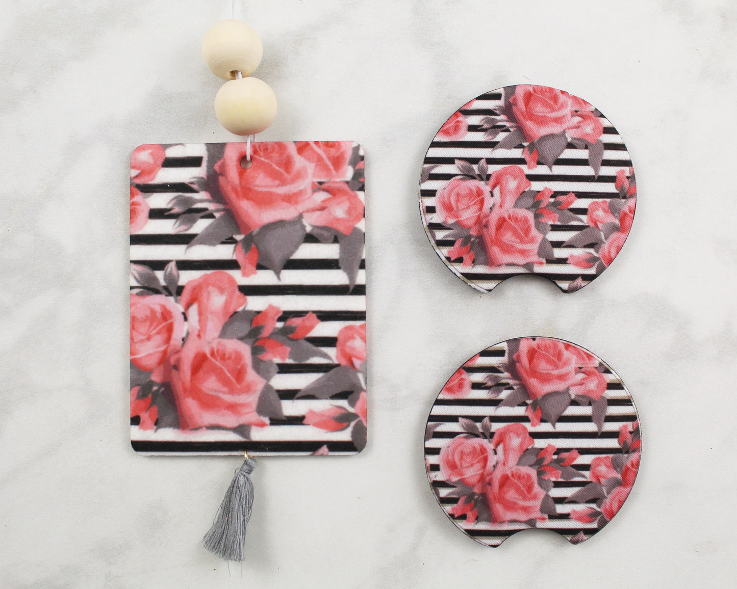 Black and White Stripes with Pink Roses Air Freshener Car Coaster Gift Set