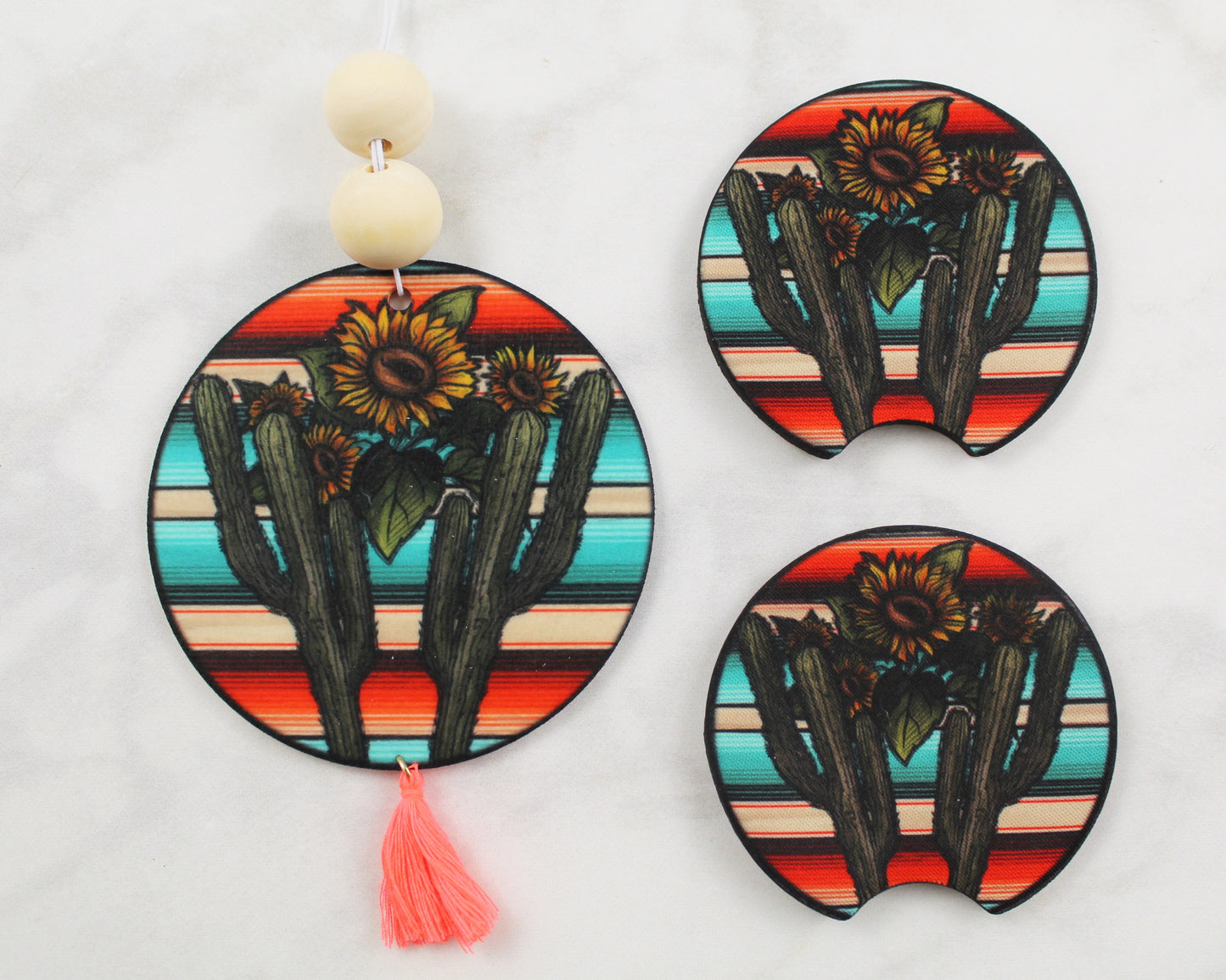 Cactus with Sunflowers and Teal and Coral Stripes Air Freshener Car Coaster Gift Set