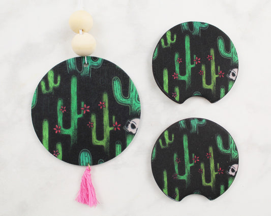 Black with Green Cactus and Pink Flowers Air Freshener Car Coaster Gift Set