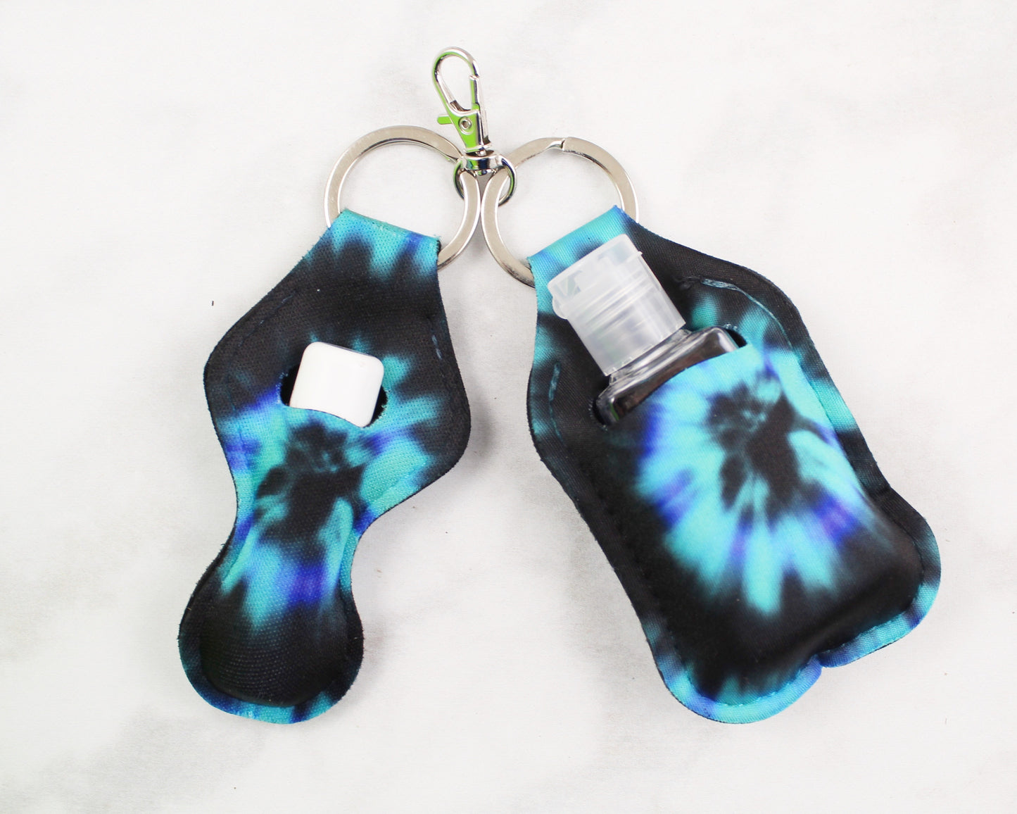 Teal, Blue, and Black Tie Dye Hand Sanitizer and Lip Balm Holders