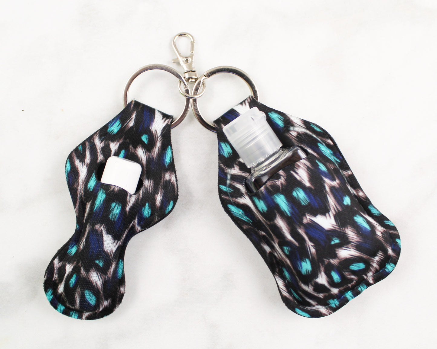 Cheetah with Teal, Navy, Black, and White Hand Sanitizer and Lip Balm Holders