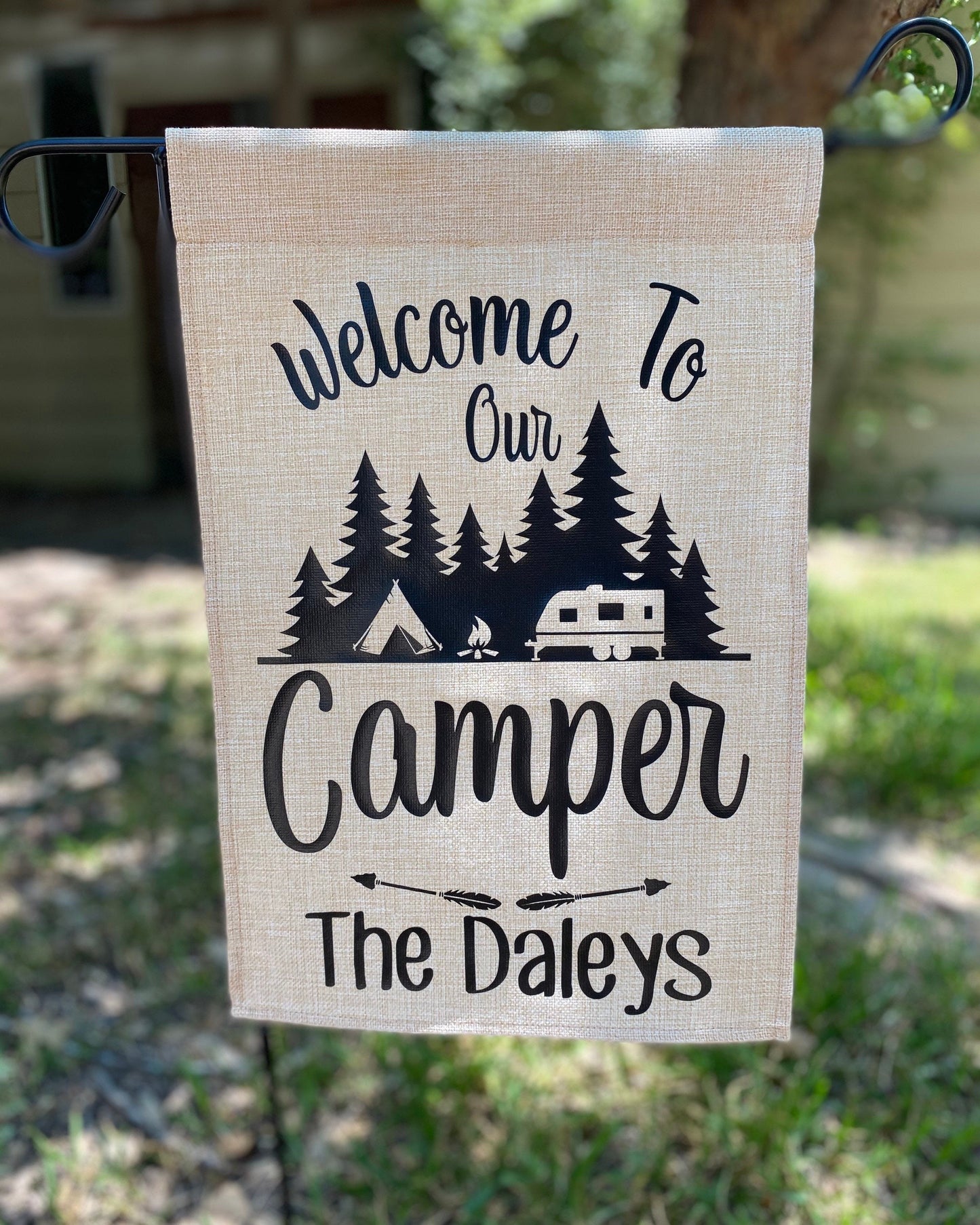 Welcome to Our Camper Burlap Garden Flag