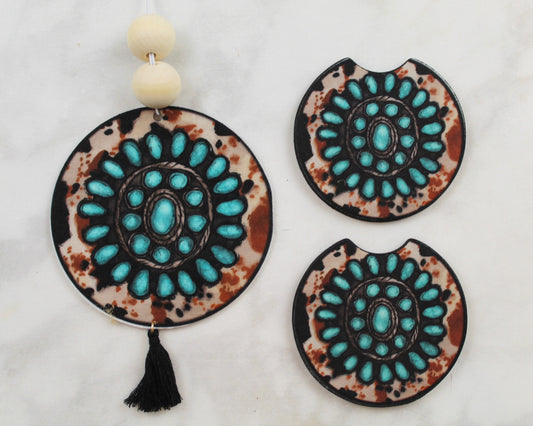 Cow Print and Turquoise Car Coaster and Air Freshener Gift Set