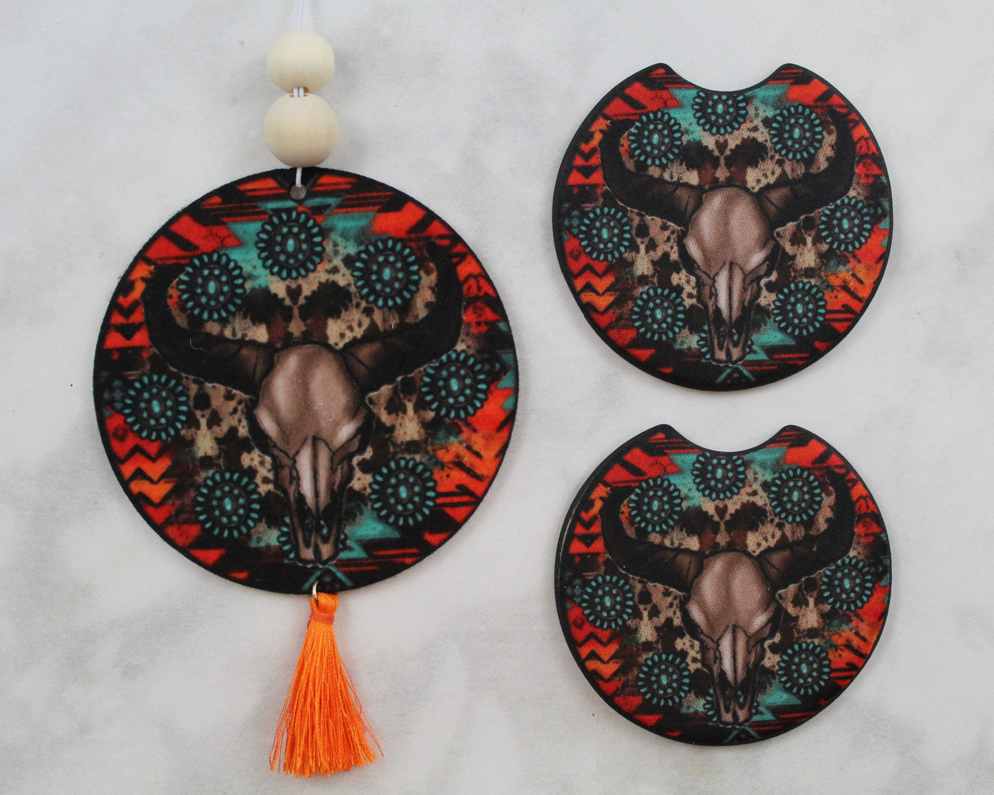 Cow Skull Turquoise Coaster and Air Freshener Gift Set