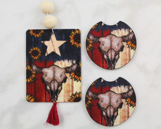 Texas Flag with Cow Skull and Sunflowers Air Freshener Car Coaster Gift Set