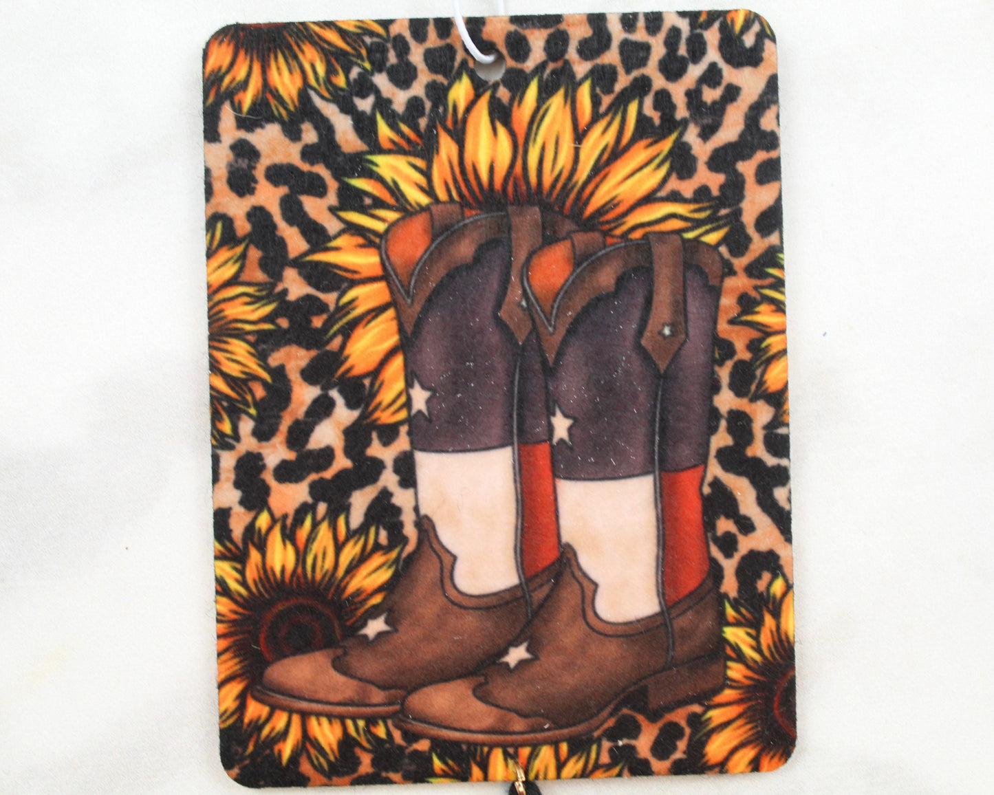 Texas Flag Cowboy Boots with Sunflowers and Cheetah Air Freshener Car Coaster Gift Set