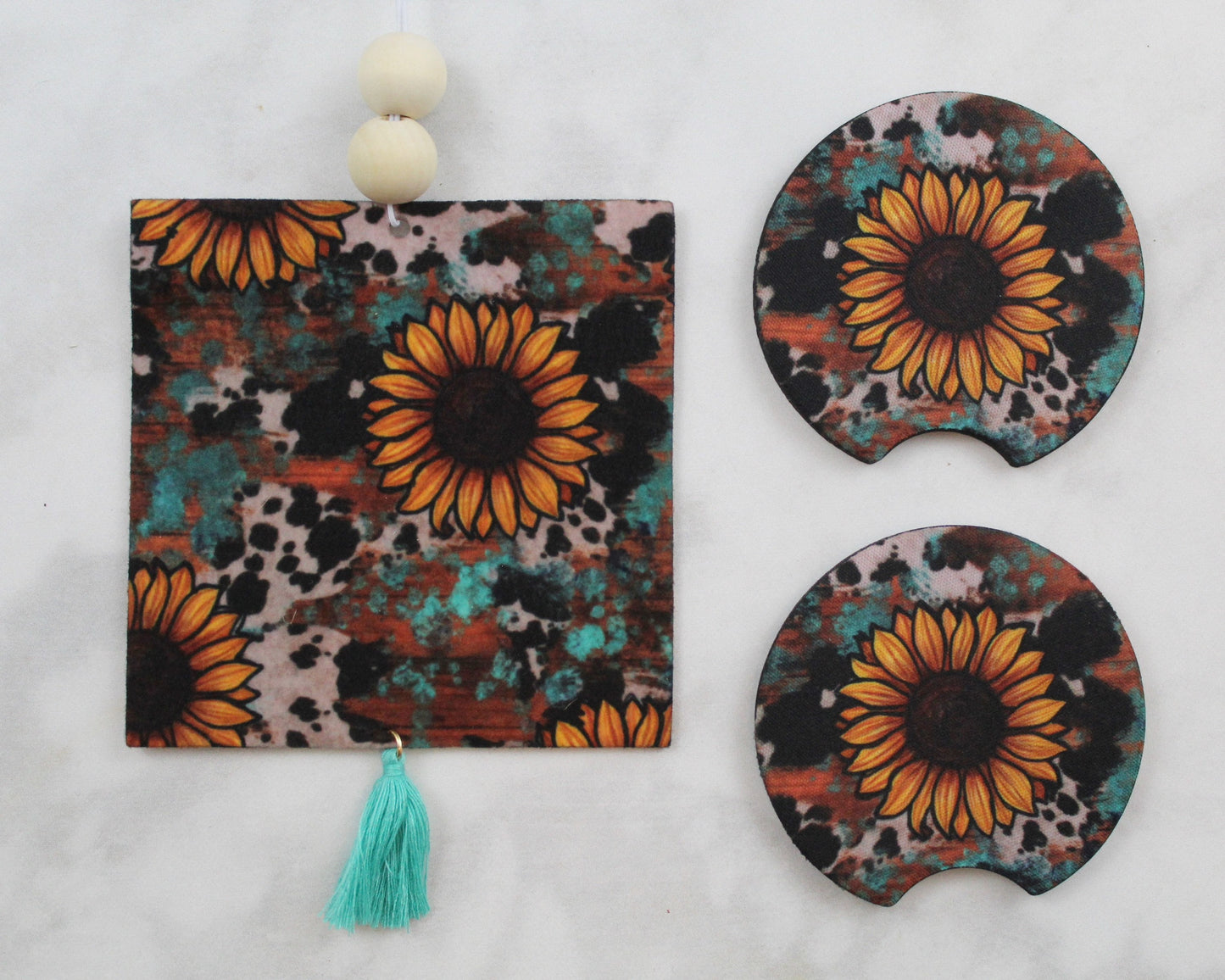 Sunflowers Teal and Cow Print Coaster and Air Freshener Gift Set