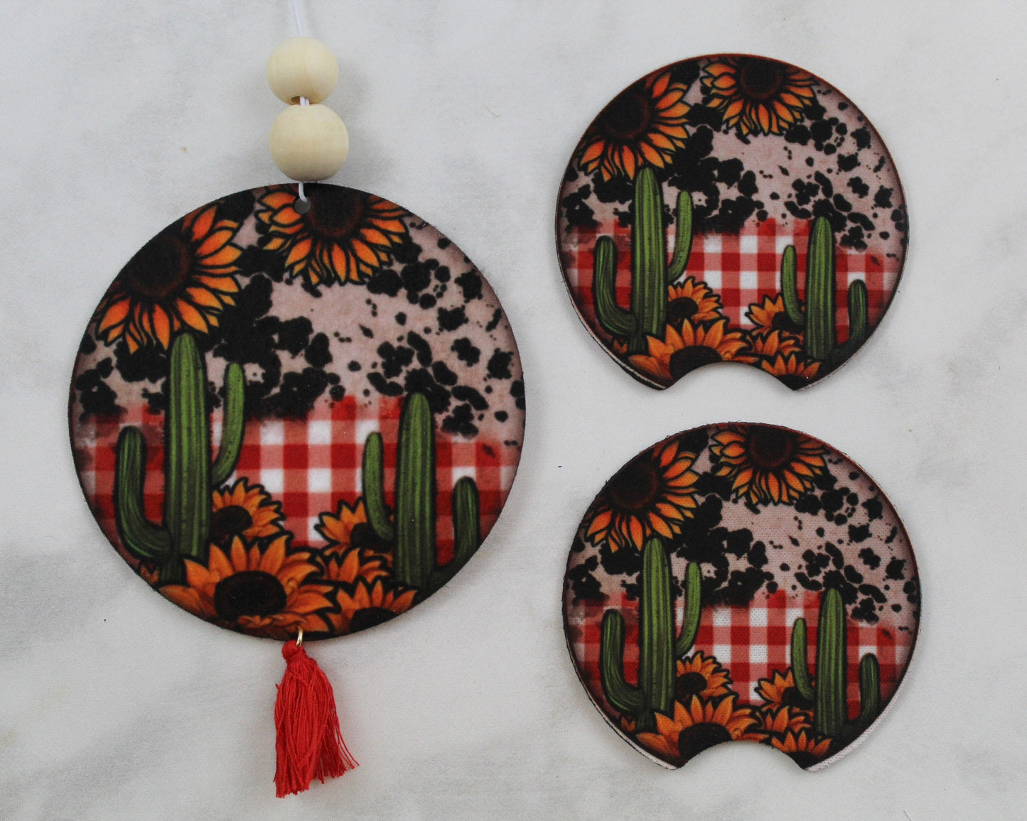Cactus Sunflower Cow Print Car Coaster and Air Freshener Gift Set