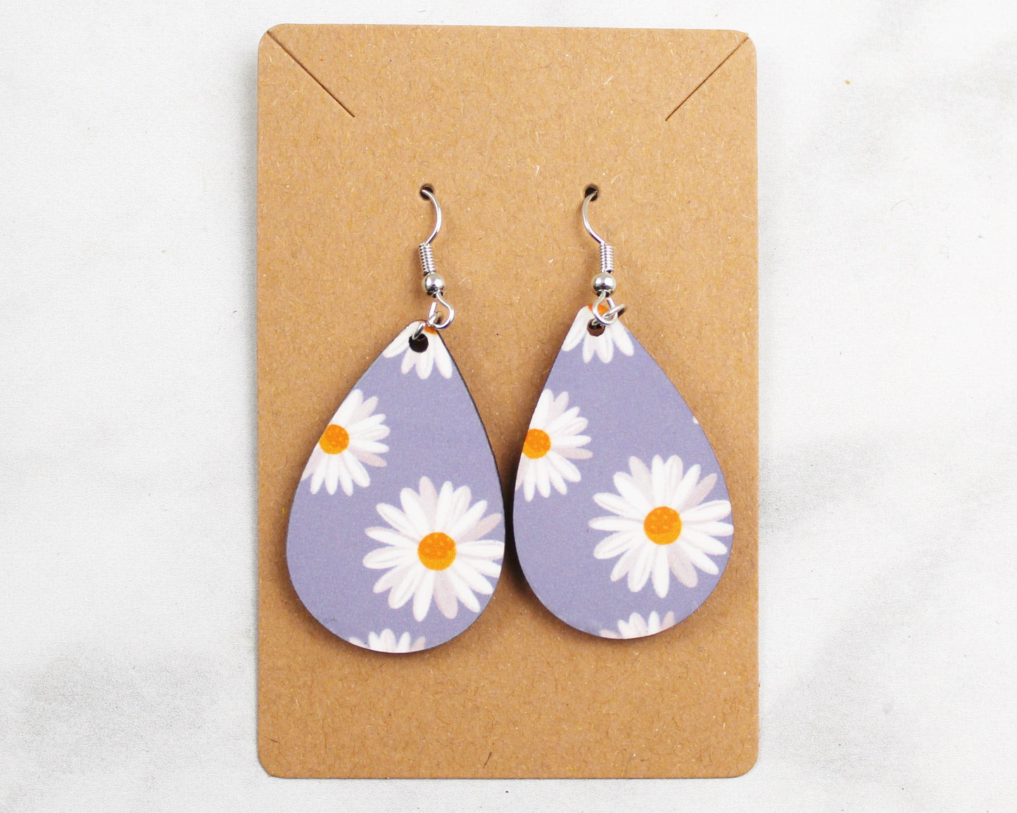 Light Blue with White Daisies Tear Drop Earrings