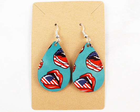 Patriotic American Flag with Lips and Tongue Tear Drop Earrings