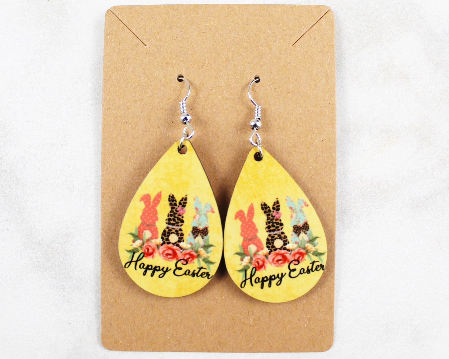 Happy Easter with 3 Bunnies on Yellow Tear Drop Earrings