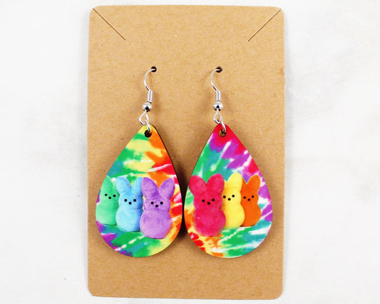 Tie Dye with Colorful Easter Bunnies Tear Drop Earrings