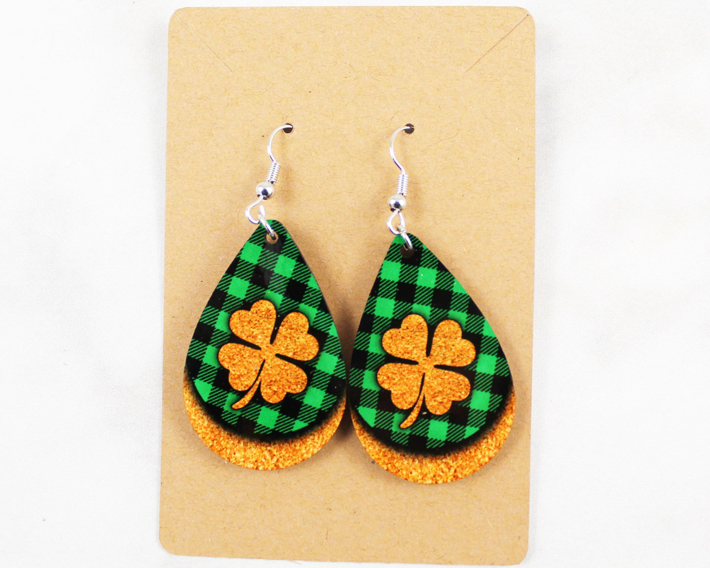 Gold Clover with Green and Black Plaid Tear Drop Earrings