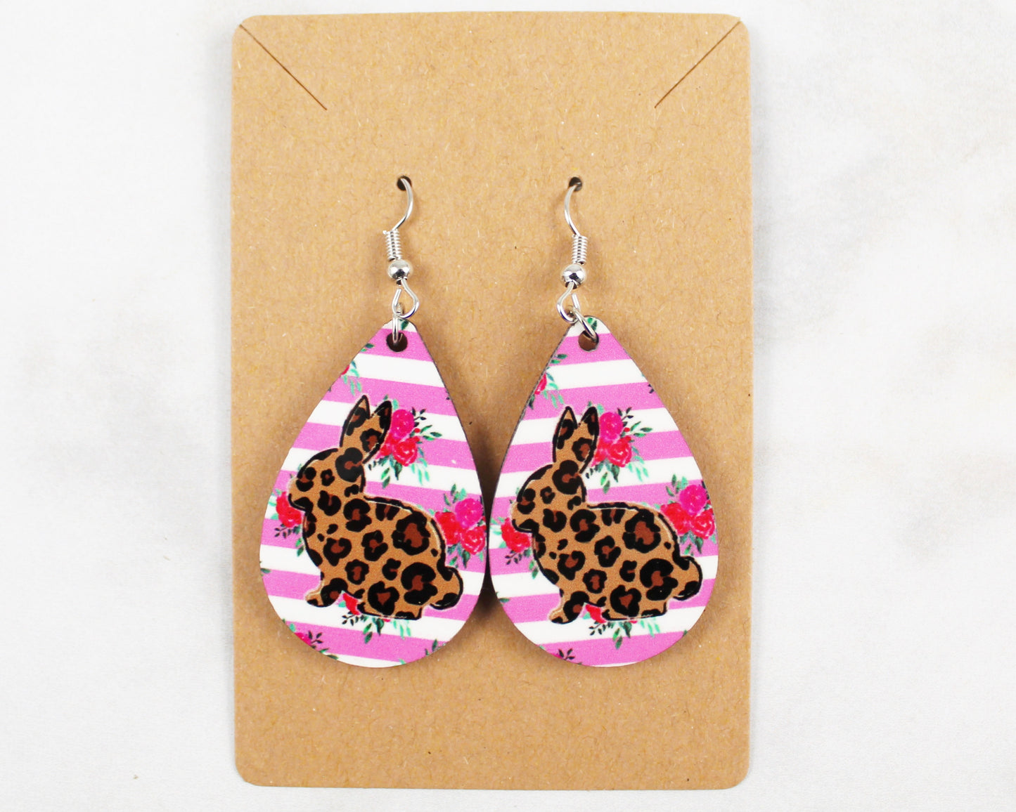 Cheetah Bunny with Pink and White Stripes Tear Drop Earrings