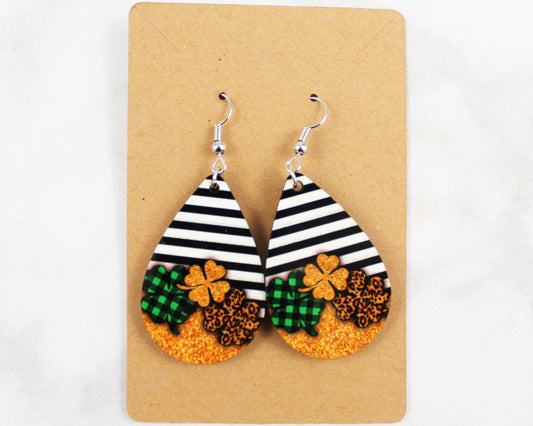3 Clovers with Black and White Stripes Drop Earrings
